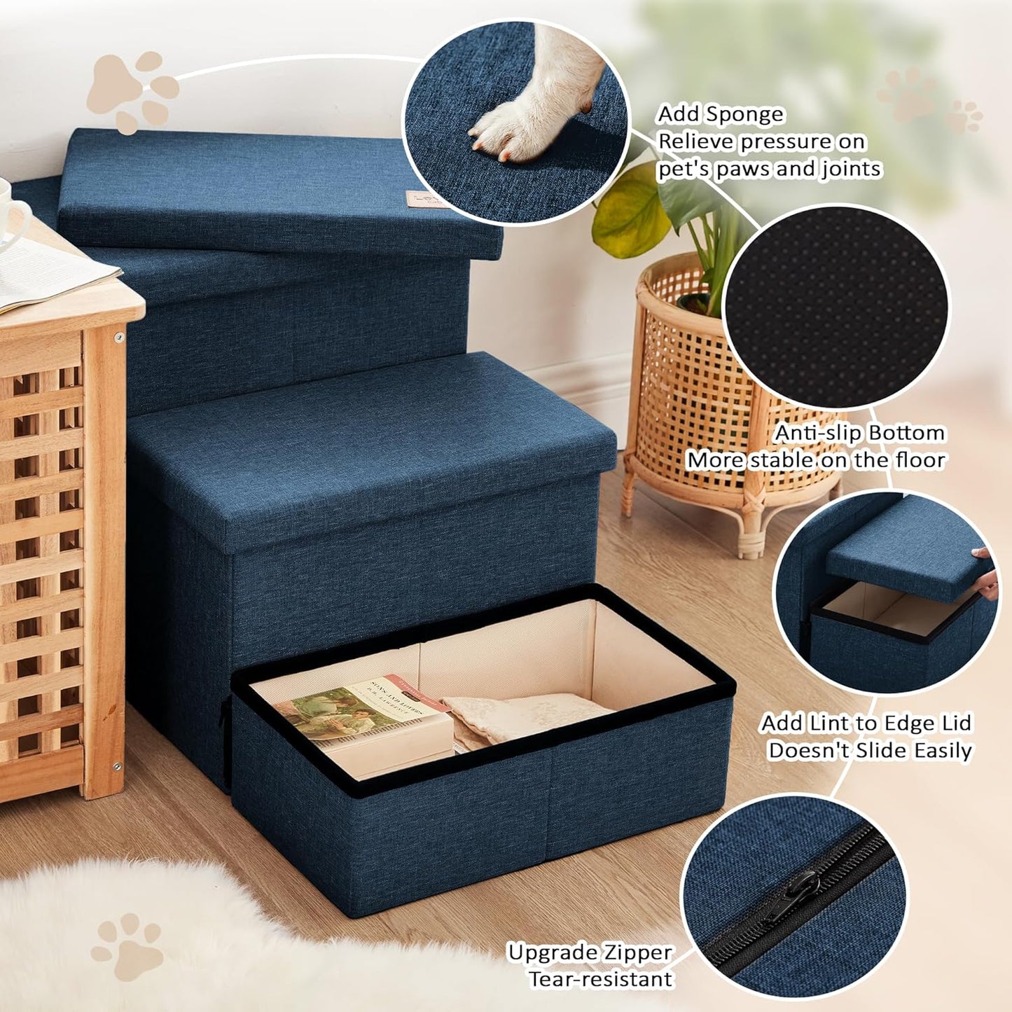 Love's cabin Dog Stairs with Storage 13" H, Foldable Pet Stairs for Small Medium or Large Dogs, Cat Puppy Steps Ramp with Zip up to 150 lbs, Solid Grey, 2 Steps