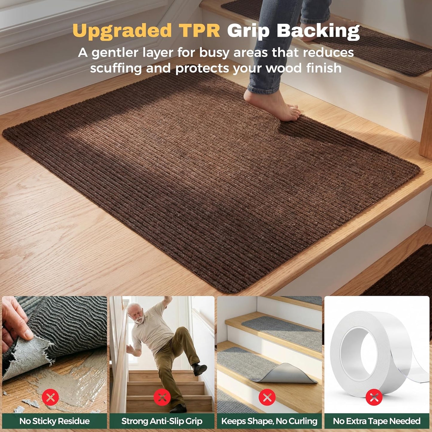 MBIGM 8" X 30" (15 in Pack) Nonslip Carpet Stair Treads Non-Skid Safety Rug Slip Resistant Indoor Runner for Kids Elders & Pets with Reusable Adhesive - Brown - Non Slip Stair Treads Indoor
