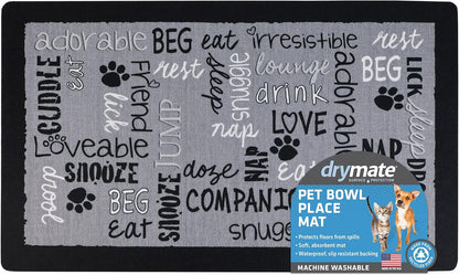 Drymate Pet Bowl Placemat, Dog & Cat Food Feeding Mat - Absorbent Fabric, Waterproof Backing, Slip-Resistant - Machine Washable/Durable (USA Made) (12” x 20”) (Indigo)