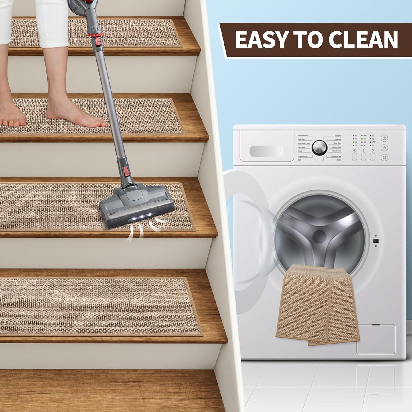 GROWLING Linen Stair Treads for Wooden Steps Indoor 30x8 inch, 15pcs Upgraded Self Adhesive Backing Non Slip Stair Carpets, Peel and Stick Stair Runner Rugs, Reusable Staircase Step Treads(Brown)
