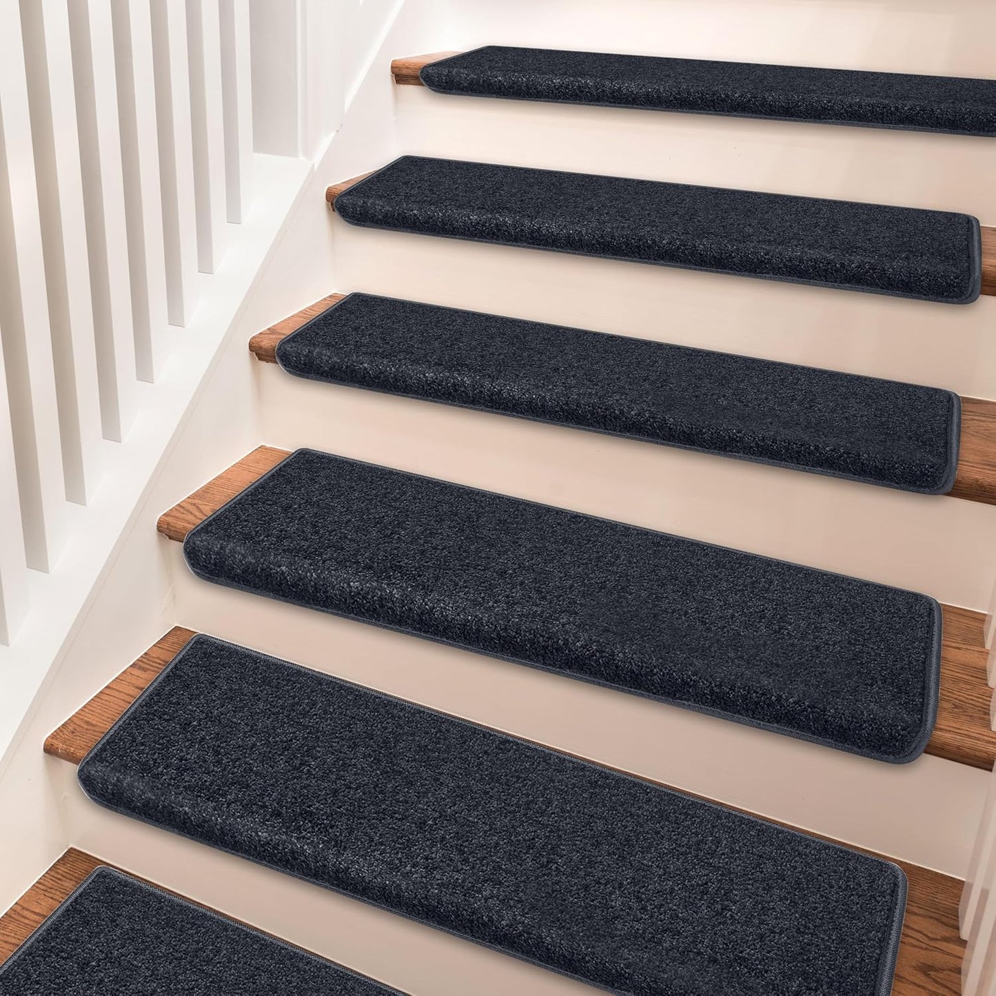 PURE ERA Bullnose Carpet Stair Treads Set Tape Free Non-Slip Indoor Stair Protectors Pet Friendly Rugs Covers Soft Skid Resistant Washable Reusable 9.5" x 30"(14 Pieces,Cream Gray)