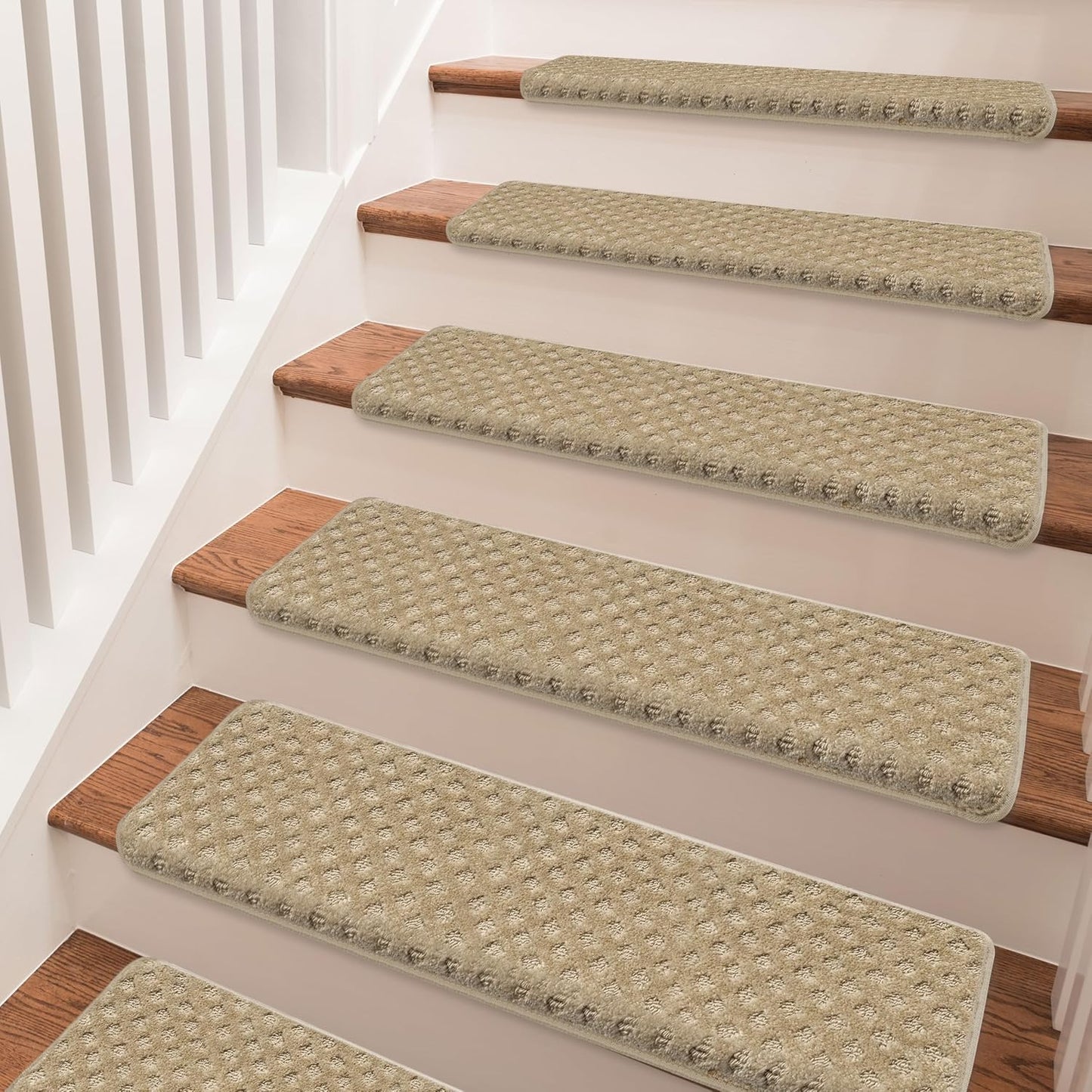 PURE ERA Bullnose Carpet Stair Treads Set Tape Free Non-Slip Indoor Stair Protectors Pet Friendly Rugs Covers Soft Skid Resistant Washable Reusable 9.5" x 30"(14 Pieces,Cream Gray)