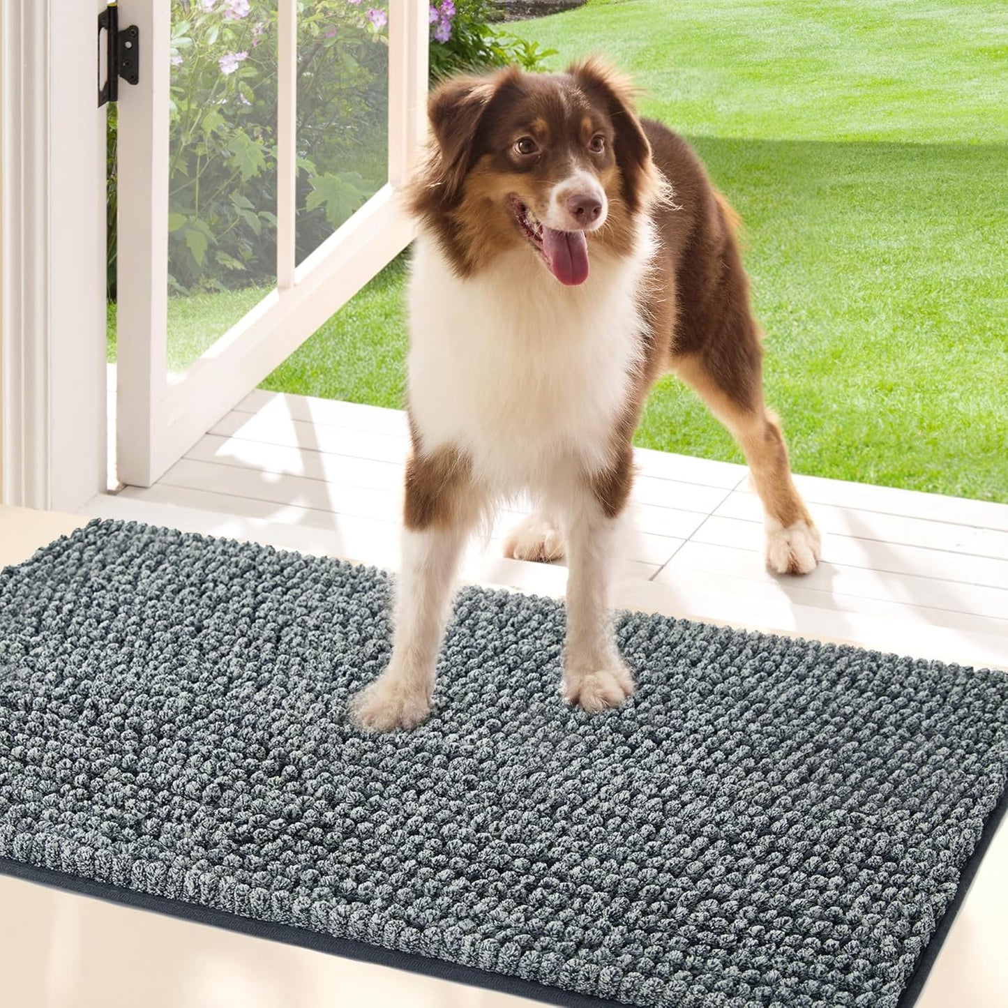 Bedsure Dog Door Mat for Muddy Paws, High-Low Absorbent Chenille Indoor Entrance Mud Dirt Trapper Soak-Stopper, Machine Washable Non-Slip Entryway Rug for Pets, 30"x19" Grey