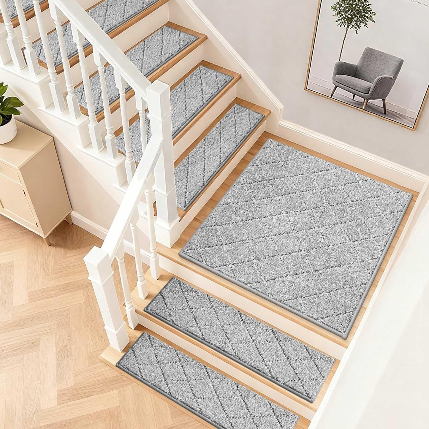 COSY HOMEER Edging Stair Treads Non-Slip Carpet Mat 28inX9in Indoor Stair Runners for Wooden Steps, Edging Stair Rugs for Kids and Dogs, 100% Polyester TPE Backing (7pc, Beige)
