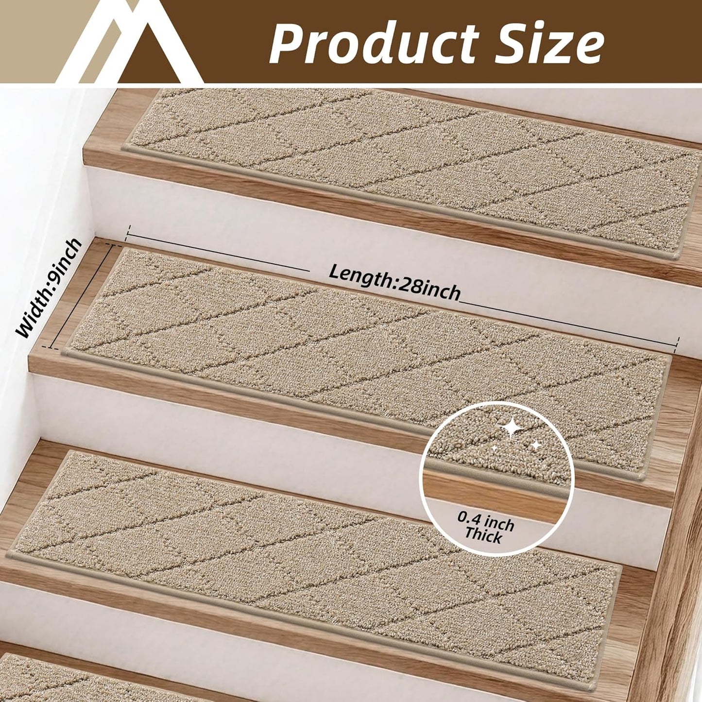COSY HOMEER Edging Stair Treads Non-Slip Carpet Mat 28inX9in Indoor Stair Runners for Wooden Steps, Edging Stair Rugs for Kids and Dogs, 100% Polyester TPE Backing (7pc, Beige)