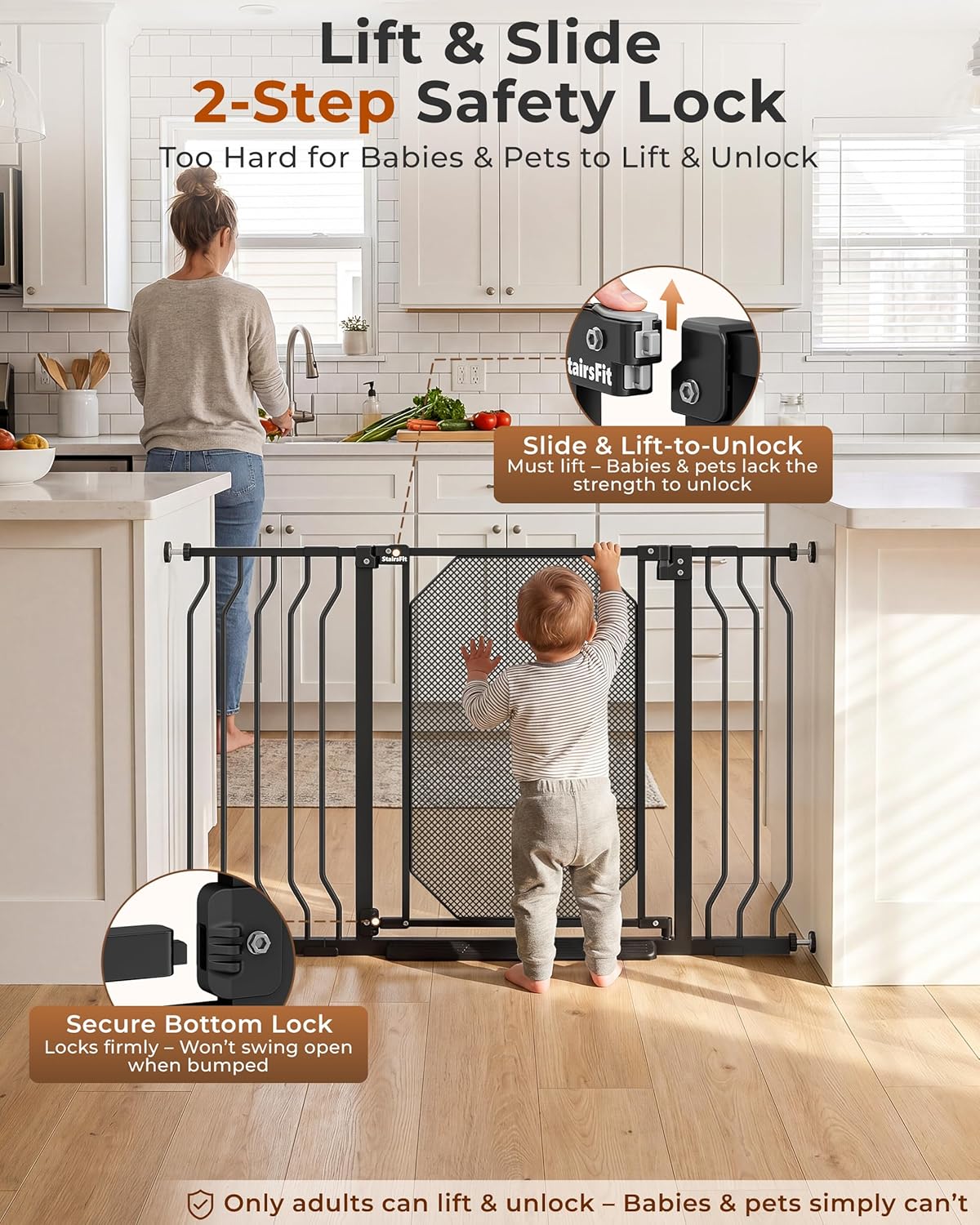 29.5-48" Baby Gate for Stairs, Child & Pet Proof, No-Drill Pressure Mount Auto Close One-Hand Operation, 30.5" Tall Indoor Dog Gate for Doorways, 4 Adjustable Sizes, Black