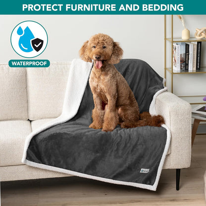 PetAmi Waterproof Dog Blanket for Couch, Large 60x40, Pee Proof Sherpa Fleece Reversible Pet Throw, Furniture Protector for Bed Sofa Kennel, Soft Washable Cover for Medium Dogs Cats, Grey Sherpa