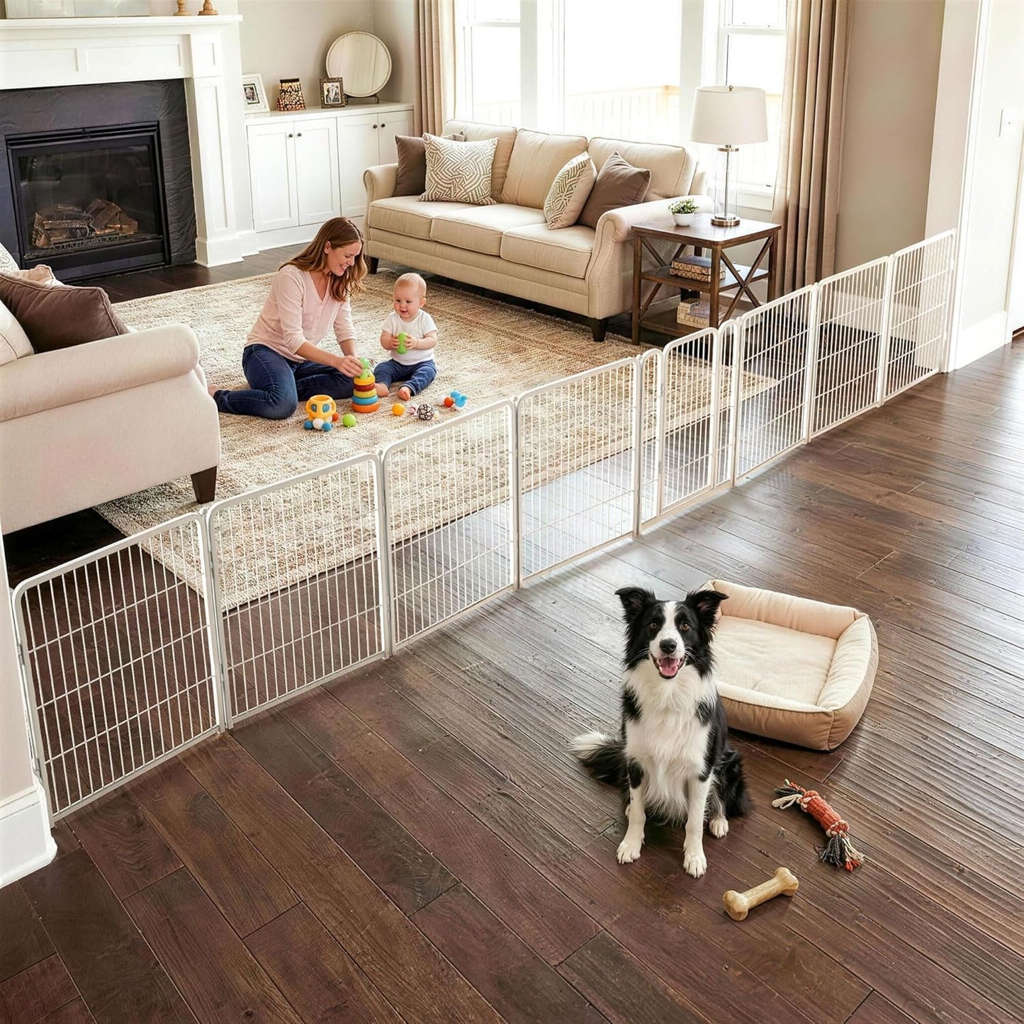 FXW Dog Gate Extra Wide Designed for Indoor Use, Adjustable Width Up to 183-inch Wide (24" H 8 Wire Panels for Puppies and Small Dogs), Black