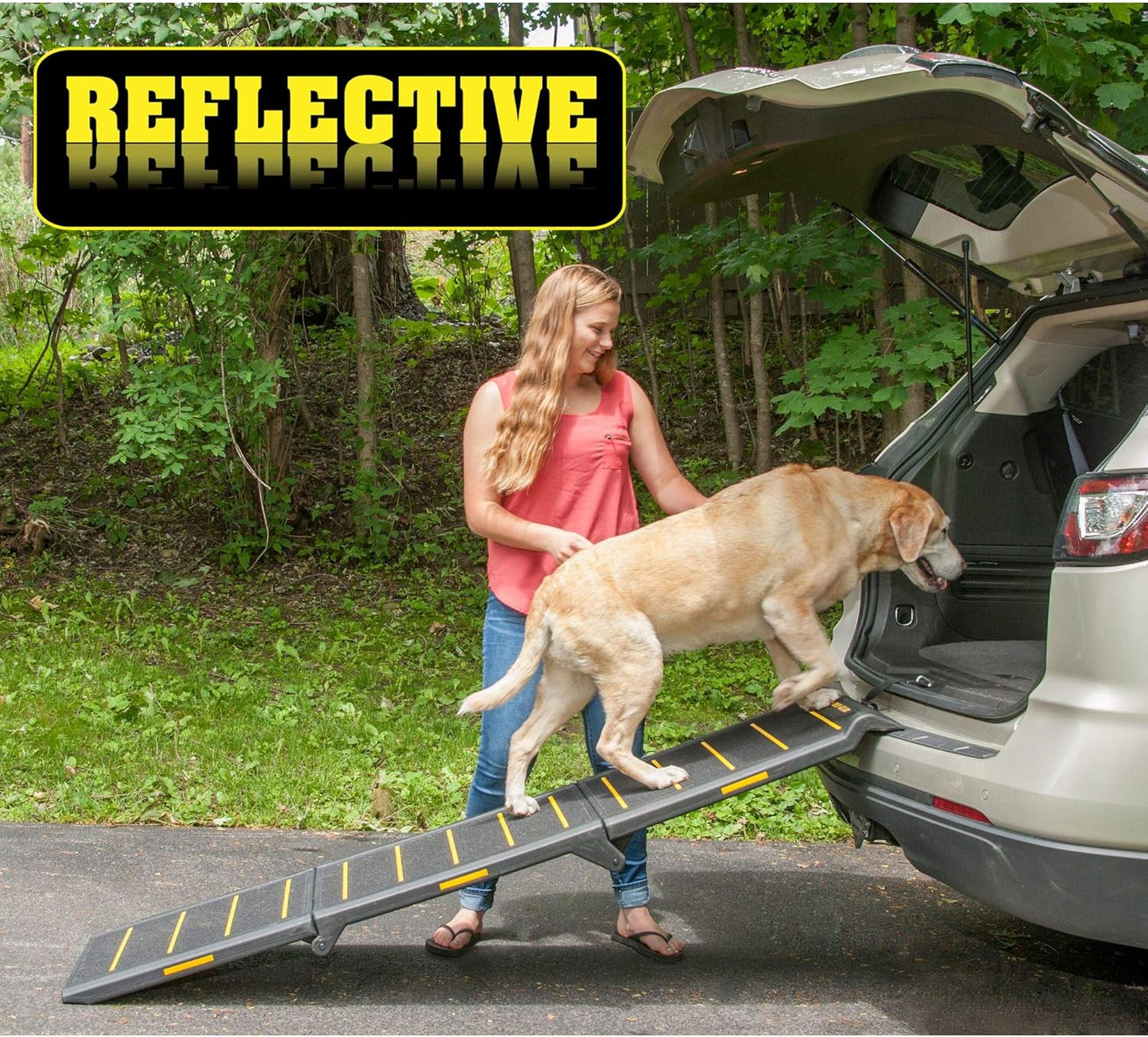 Pet Gear Tri-Fold Portable Pet Ramp for Dogs and Cats, 71" Long, Extra Wide, Holds up to 200lbs, Patented Design, Compact/Easy Fold with Safety Tether, Titanium
