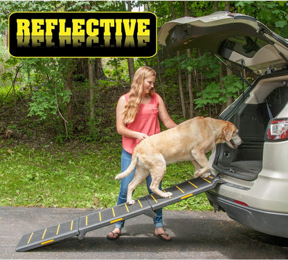 Pet Gear Tri-Fold Portable Pet Ramp for Dogs and Cats, 71" Long, Extra Wide, Holds up to 200lbs, Patented Design, Compact/Easy Fold with Safety Tether, Titanium