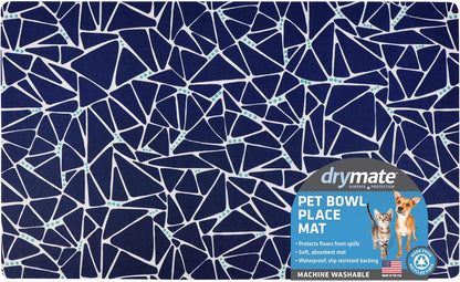 Drymate Pet Bowl Placemat, Dog & Cat Food Feeding Mat - Absorbent Fabric, Waterproof Backing, Slip-Resistant - Machine Washable/Durable (USA Made) (12” x 20”) (Indigo)