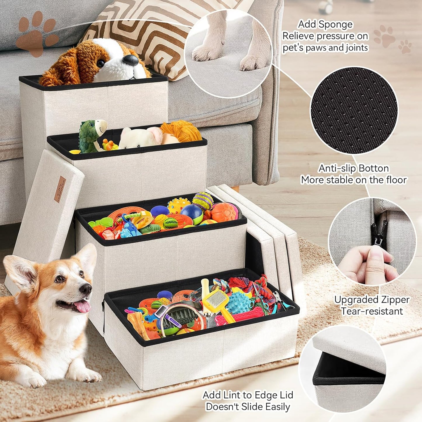 Zerbuger Wider Dog Ramp for High Bed with Storage 18" H, Foldable Dog Stairs for Small Medium Large Older Senior Animal, Sturdy Dog Step for Climbing Bed or Couch, Arthritis-Friendly (Gray, No Condo)