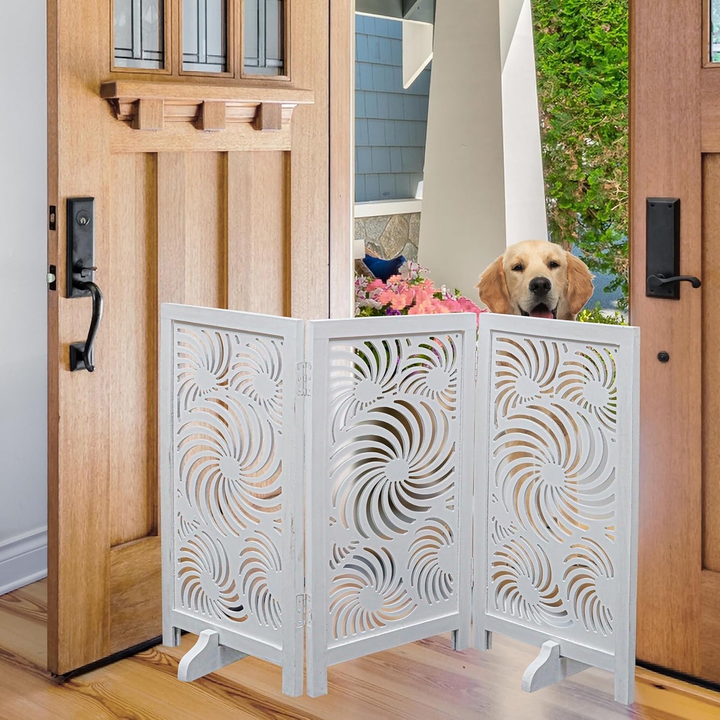 Freestanding Pet Gate for Dogs, Foldable Wooden Dog Gate for House, Indoor Dog Gate for Stair, Doorway, House Design Gates for Dogs Indoor, 72 Inch Wide, (18" x4 Panels 72 inch), Burnt Finish