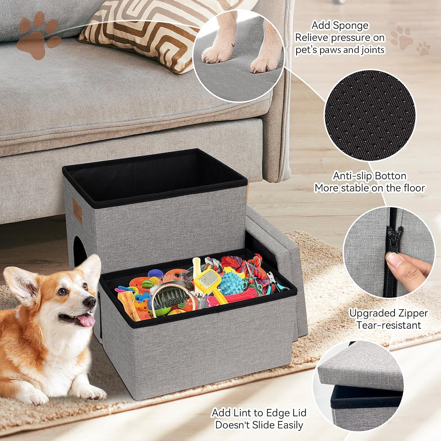 Zerbuger Wider Dog Ramp for High Bed with Storage 18" H, Foldable Dog Stairs for Small Medium Large Older Senior Animal, Sturdy Dog Step for Climbing Bed or Couch, Arthritis-Friendly (Gray, No Condo)