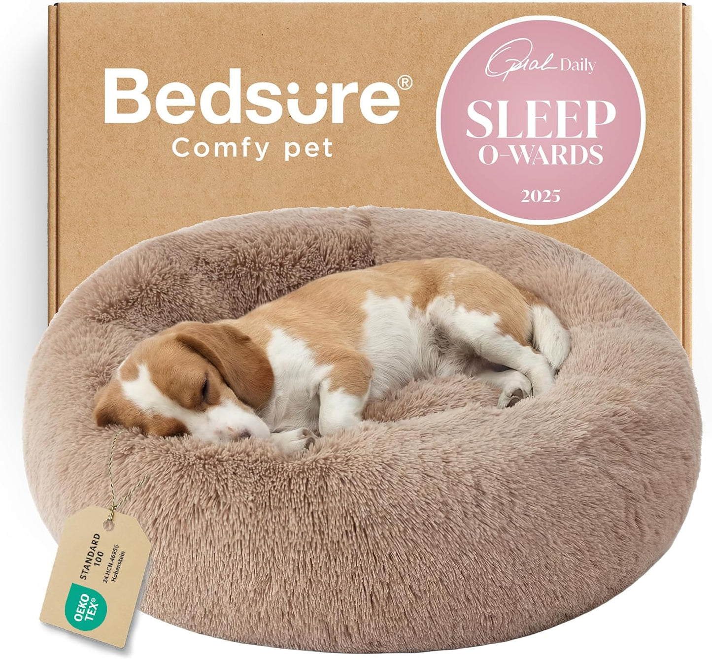Bedsure Calming Dog Bed Medium Size Dog - Donut Washable Medium Pet Bed, 30 inches Anti-Slip Round Fluffy Plush Faux Fur Cat Bed, Fits up to 45 lbs Pets, Camel