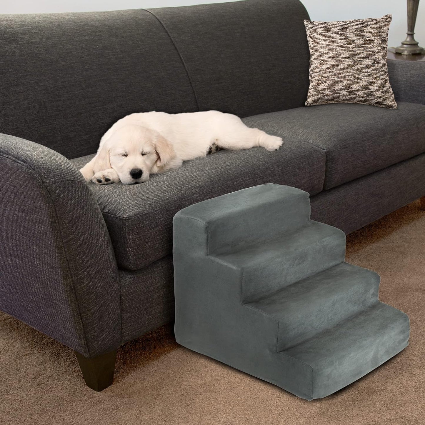 3-Step Pet Stairs - Nonslip Foam Dog and Cat Steps with Removable Zippered Microfiber Cover - 2-Tone Design for Home or Vehicle Use by PETMAKER (Tan)