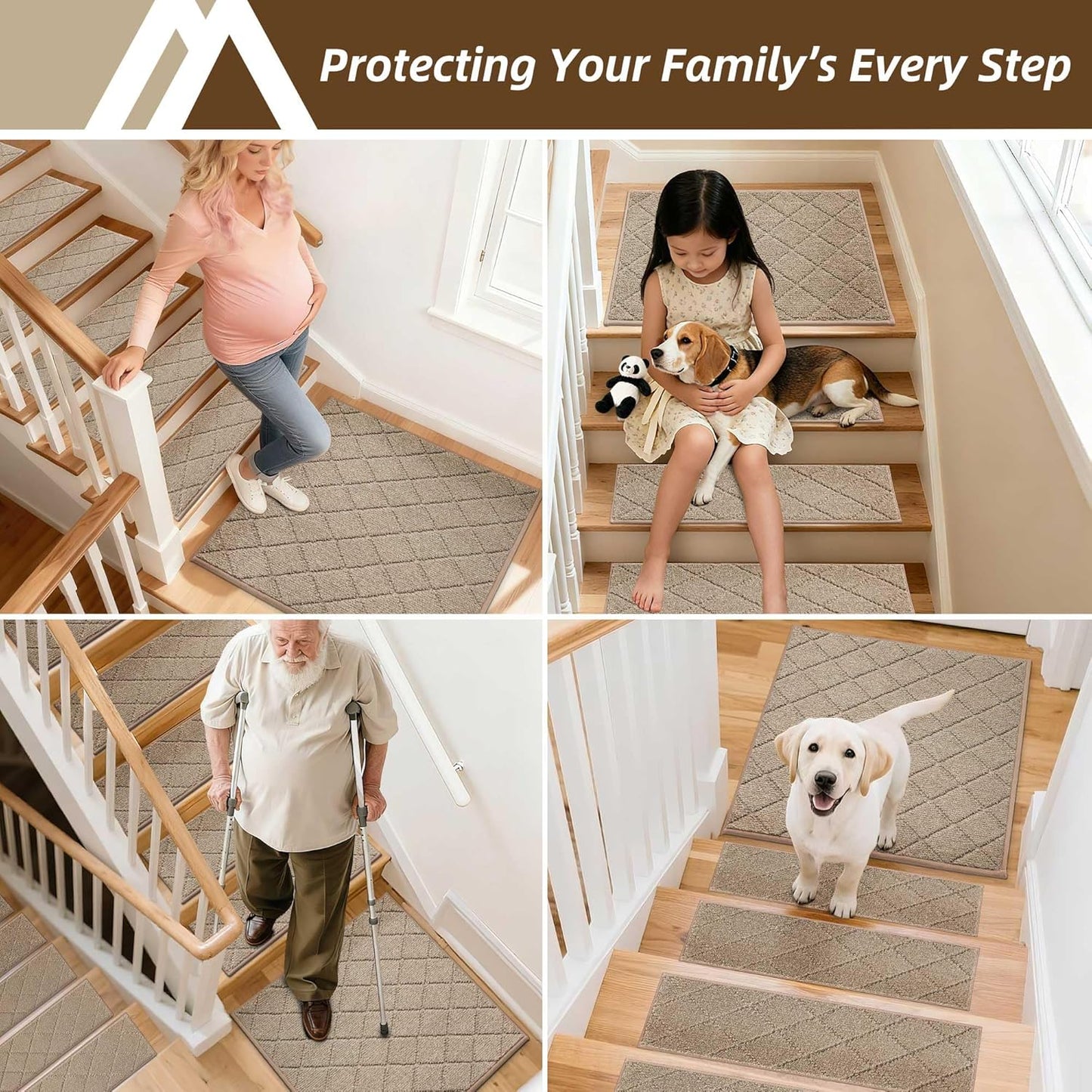 COSY HOMEER Edging Stair Treads Non-Slip Carpet Mat 28inX9in Indoor Stair Runners for Wooden Steps, Edging Stair Rugs for Kids and Dogs, 100% Polyester TPE Backing (7pc, Beige)