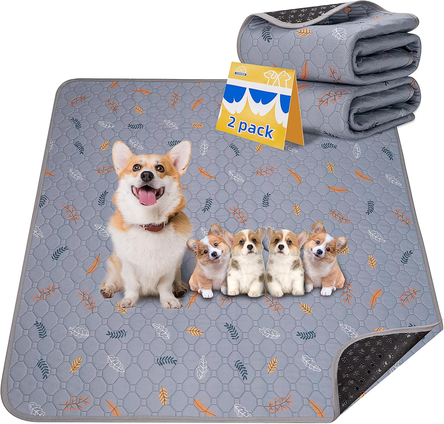 Sunheir Washable Pee Pads for Dogs Large 48" x 48" 2-Pack Reusable Puppy Pads Pet Training Pads, Absorb Dog Mats, Whelping Pad, Non-Slip Protects Against Urine Leakage (Leaves - Deep Grey, 48x48)