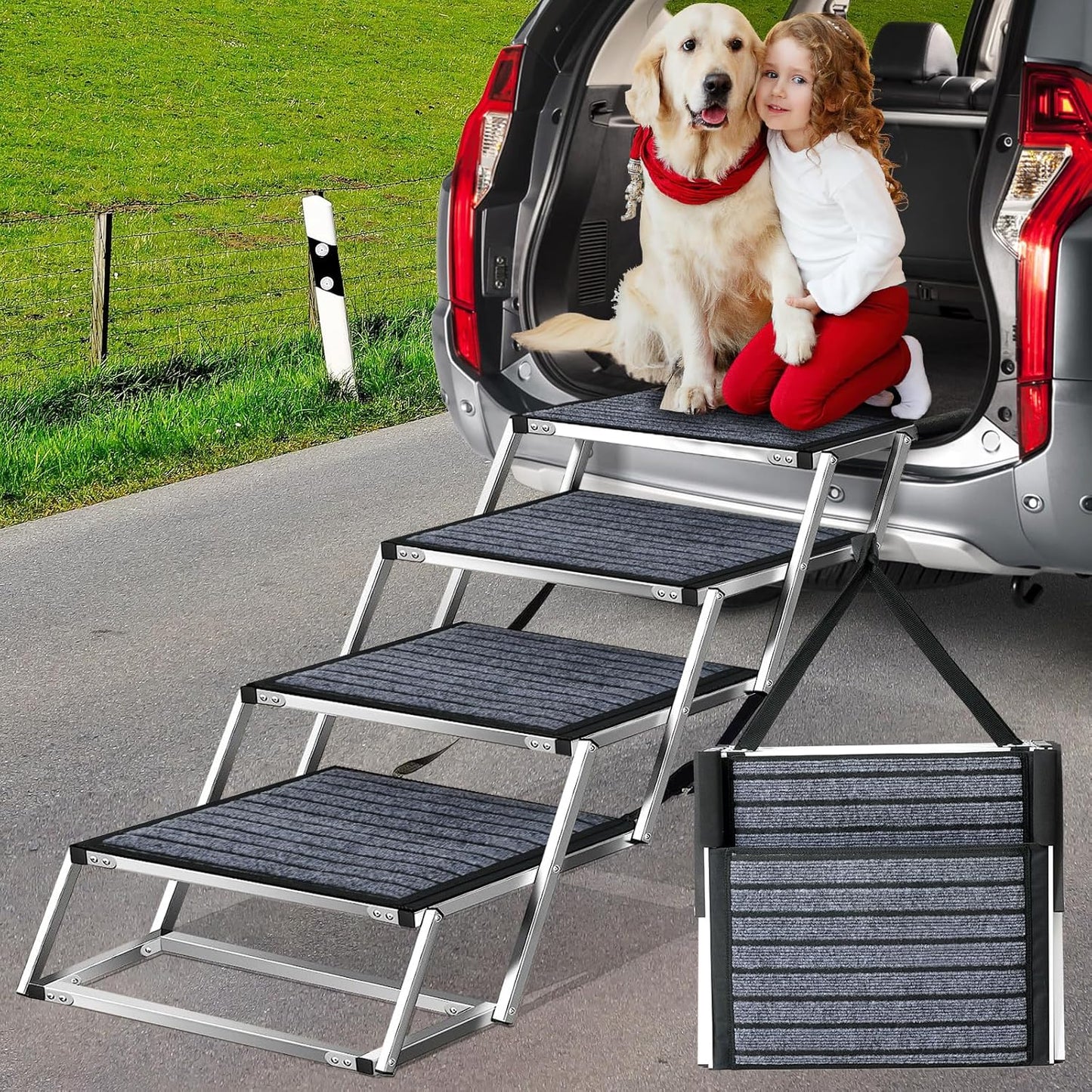 Dog Stairs for Large Dogs,Dog Stairs for Cars,Foldable Dog Ramp Pet Steps Light Weight Aluminum,Extra Wide Dog Stair for Large Dogs,High Beds, Trucks, Supports up to 200 lbs (Extra Wide-4 Steps)