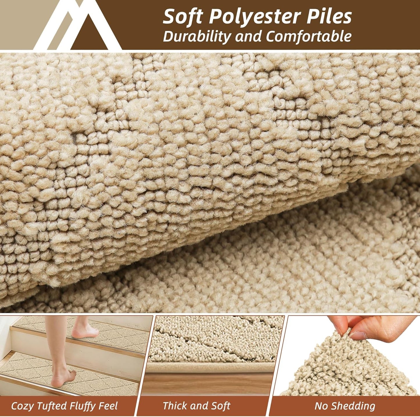 COSY HOMEER Edging Stair Treads Non-Slip Carpet Mat 28inX9in Indoor Stair Runners for Wooden Steps, Edging Stair Rugs for Kids and Dogs, 100% Polyester TPE Backing (7pc, Beige)