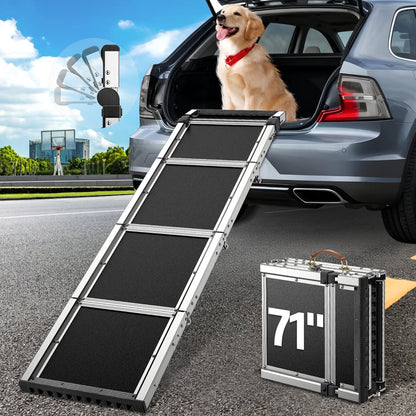 71" Aluminum Alloy Dog Ramp for Car SUV Truck Side Door, Foldable Outdoor Pet Ramp with Heavy Duty Steel Hinges, Non-Slip Traction Surface, Sturdy Ramp for Large Dogs Up to 200 LBS
