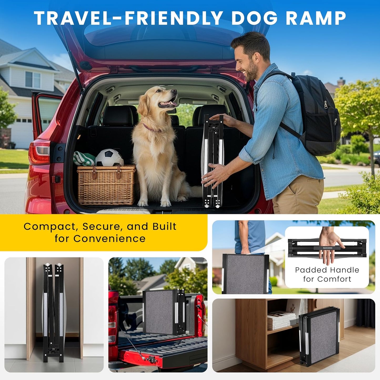Portable Dog Ramp for Car – Foldable Dog Car Ramp for Truck, SUV, High Bed & Sofa with Anti-Slip Feet & Traction Carpet – Small to Large Breeds (63" Long & 17" Wide)