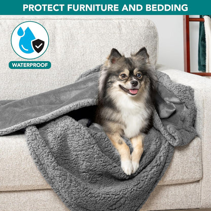 PetAmi Waterproof Dog Blanket for Couch, Large 60x40, Pee Proof Sherpa Fleece Reversible Pet Throw, Furniture Protector for Bed Sofa Kennel, Soft Washable Cover for Medium Dogs Cats, Grey Sherpa