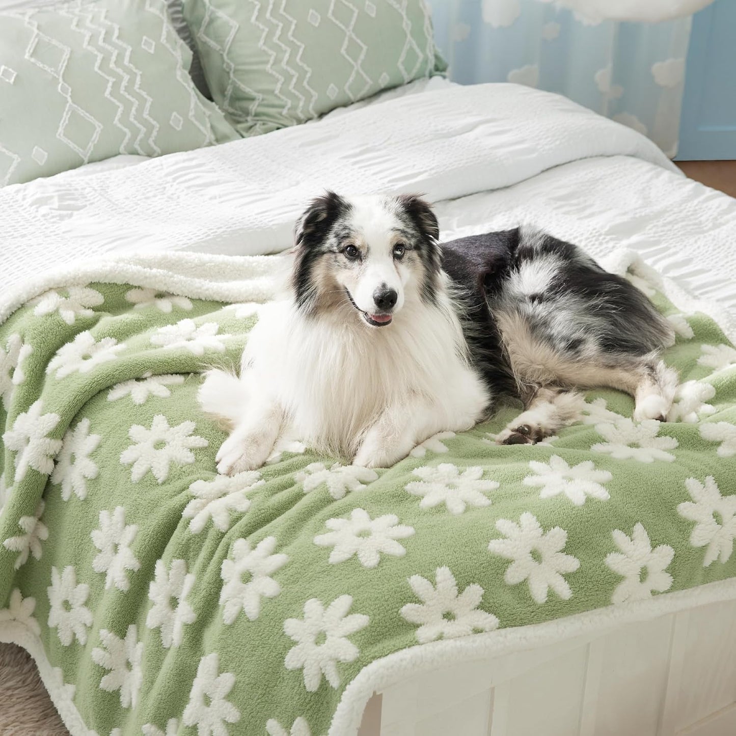 LE SURE Waterproof Dog Blanket for Large Dogs - Washable Double Sided Dog Blankets with Warm Jacquard Shag and Soft Sherpa Fleece, Pet Cat Blanket for Couch Protection, 3D Textured Cloud, Green