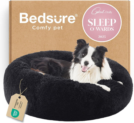 Bedsure Calming Dog Bed Medium Size Dog - Donut Washable Medium Pet Bed, 30 inches Anti-Slip Round Fluffy Plush Faux Fur Cat Bed, Fits up to 45 lbs Pets, Camel