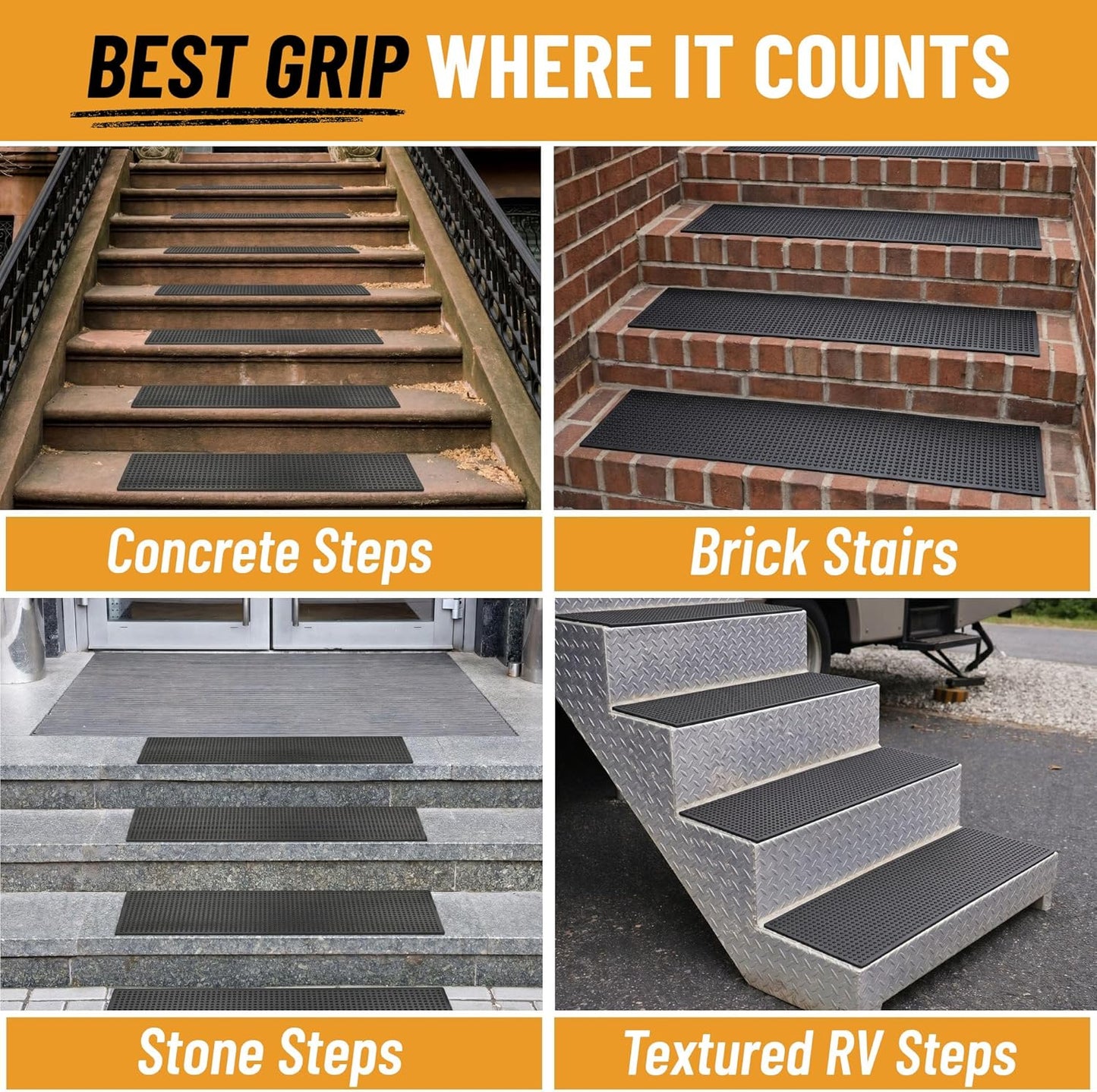 Ottomanson Outdoor Rubber Stair Treads – Ribbed Heavy-Duty Non-Slip Stair Mats – Best Grip on Concrete, Brick & Textured Step – Fastening Recommended for Wooden & RV Steps, Pack of 5