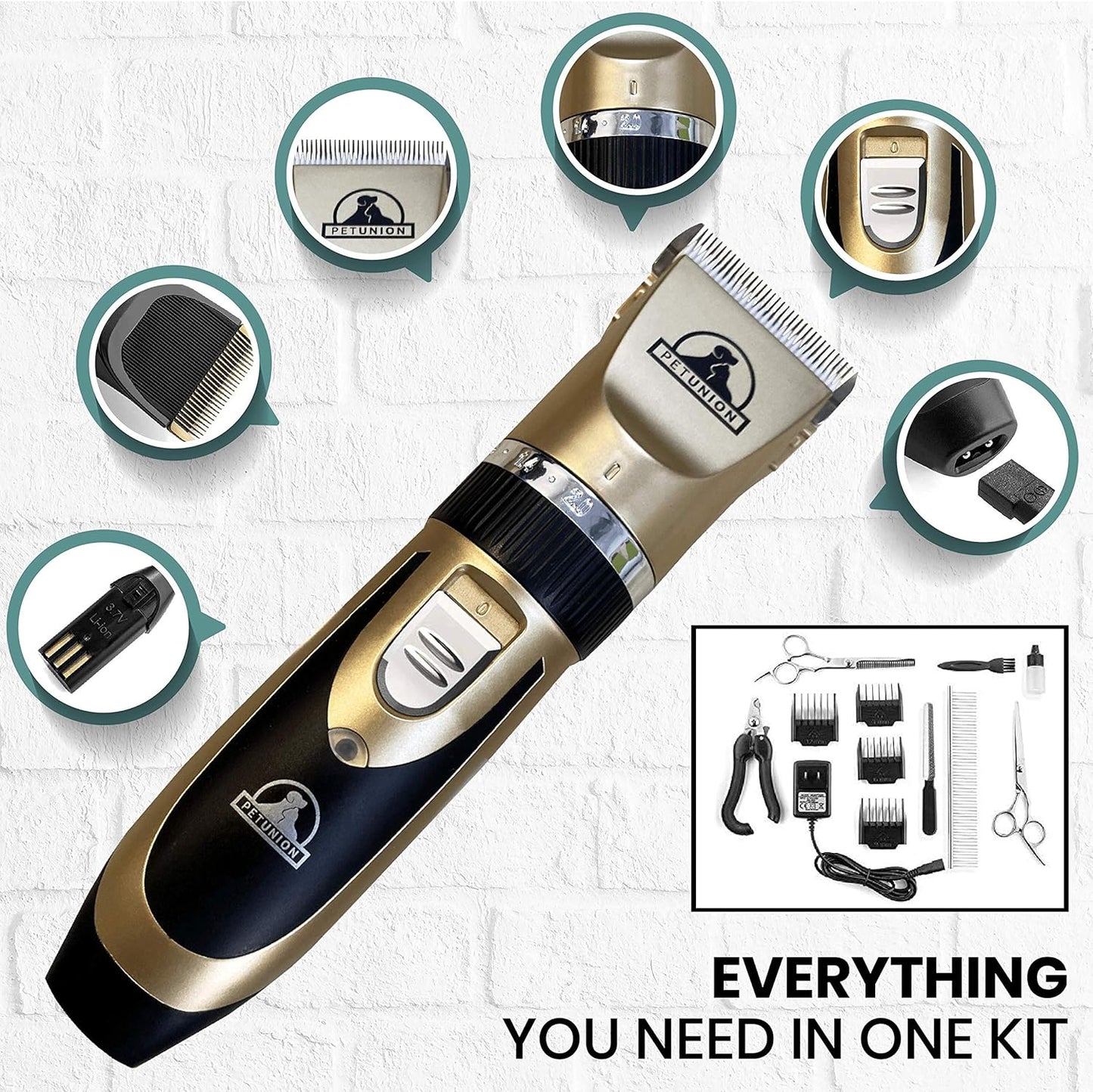 Pet Union Professional Dog Grooming Kit - Cordless Low Noise Dog Clippers for Grooming Thick Coats - All Pet Safe Cat Hair Trimmer - Pet Grooming Kit Includes Dog Hair Clippers, Nail Trimmer & Shears