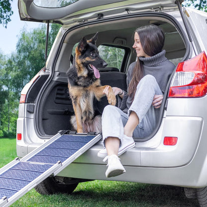 Dog Ramp for Car - Anti-Slip Dog Car Ramp for Large Dogs SUV - Stable 250LBS Capacity - Telescoping Pet Ramp for Car - Portable - Night Safety Reflective Sides - Fixing Clip - Black