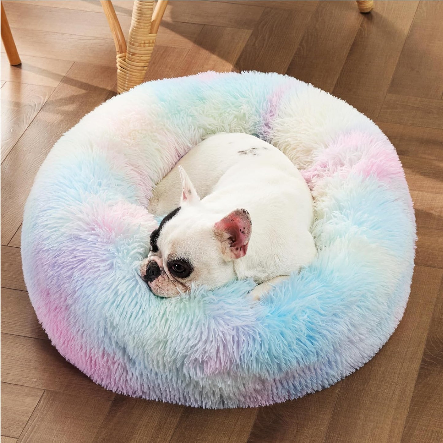 Bedsure Calming Dog Bed Medium Size Dog - Donut Washable Medium Pet Bed, 30 inches Anti-Slip Round Fluffy Plush Faux Fur Cat Bed, Fits up to 45 lbs Pets, Camel