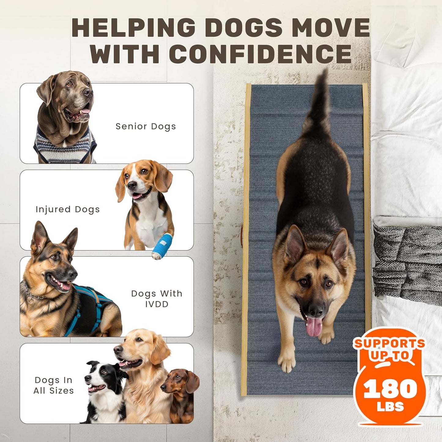 Adjustable Dog Ramp - 50" L x 18.5" W Ramp for Large Dogs to Get on Bed with 6 Incline Levels & Non-Slip Traction Carpet - Also Ideal for Medium & Large Breeds (Natural)