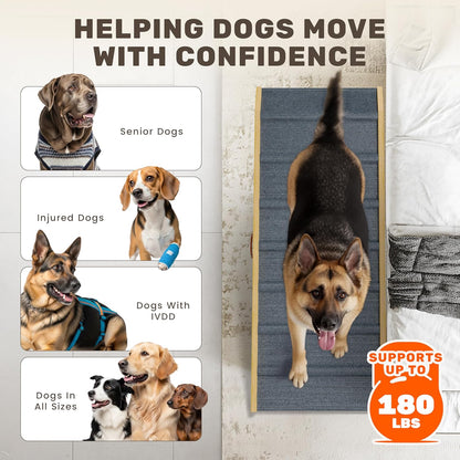 Adjustable Dog Ramp - 50" L x 18.5" W Ramp for Large Dogs to Get on Bed with 6 Incline Levels & Non-Slip Traction Carpet - Also Ideal for Medium & Large Breeds (Natural)
