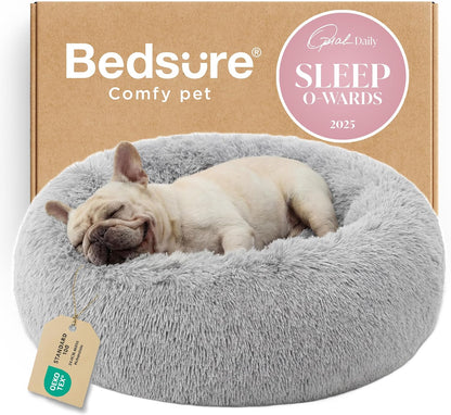 Bedsure Calming Dog Bed Medium Size Dog - Donut Washable Medium Pet Bed, 30 inches Anti-Slip Round Fluffy Plush Faux Fur Cat Bed, Fits up to 45 lbs Pets, Camel