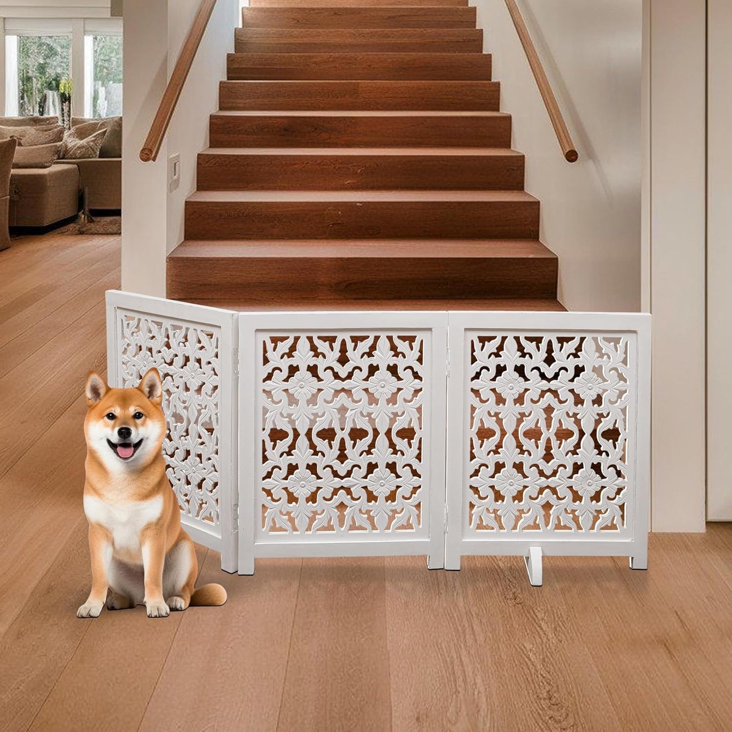 Freestanding Pet Gate for Dogs, Foldable Wooden Dog Gate for House, Indoor Dog Gate for Stair, Doorway, House Design Gates for Dogs Indoor, 72 Inch Wide, (18" x4 Panels 72 inch), Burnt Finish