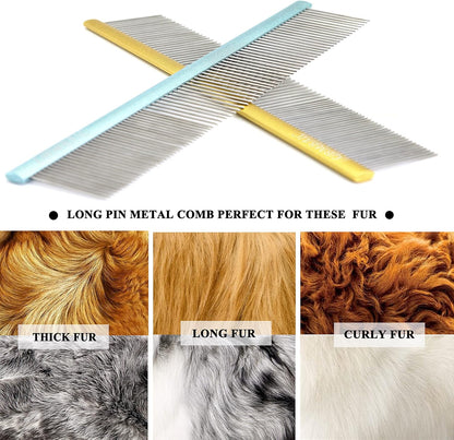 Metal Dog Grooming Comb for Shedding Tangles,Knots,Mats.Dog Combs With Long Wide Tooth for Long Thick Curly Hair Metal Pet Comb for Poodles and Goldendoodles Dematting.7.5INCHES.(Blue)