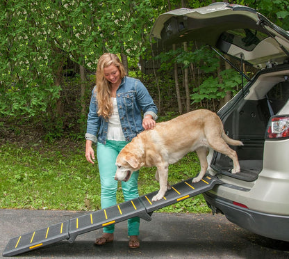 Pet Gear Tri-Fold Portable Pet Ramp for Dogs and Cats, 71" Long, Extra Wide, Holds up to 200lbs, Patented Design, Compact/Easy Fold with Safety Tether, Titanium