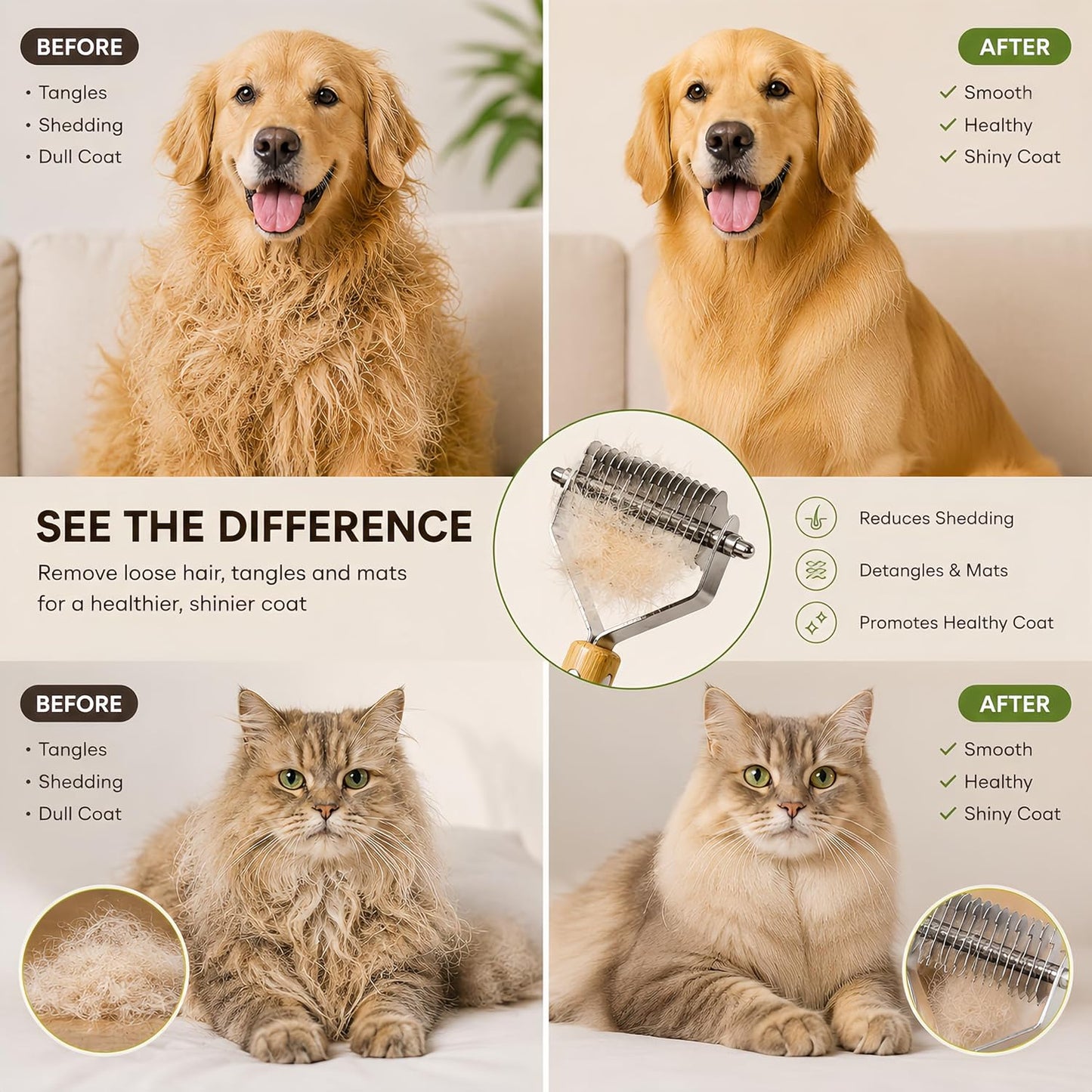 Bamboo Pet Grooming Kit for Medium to Long Haired Cats & Dogs, 4-in-1 Dematting Comb Set with Undercoat Rake, Detangling & Deshedding Tools, Fine/Wide Tooth Combs for Indoor Pets