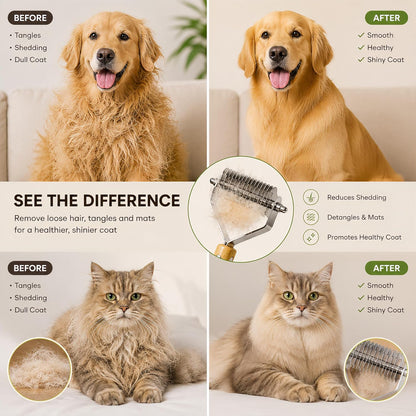 Bamboo Pet Grooming Kit for Medium to Long Haired Cats & Dogs, 4-in-1 Dematting Comb Set with Undercoat Rake, Detangling & Deshedding Tools, Fine/Wide Tooth Combs for Indoor Pets