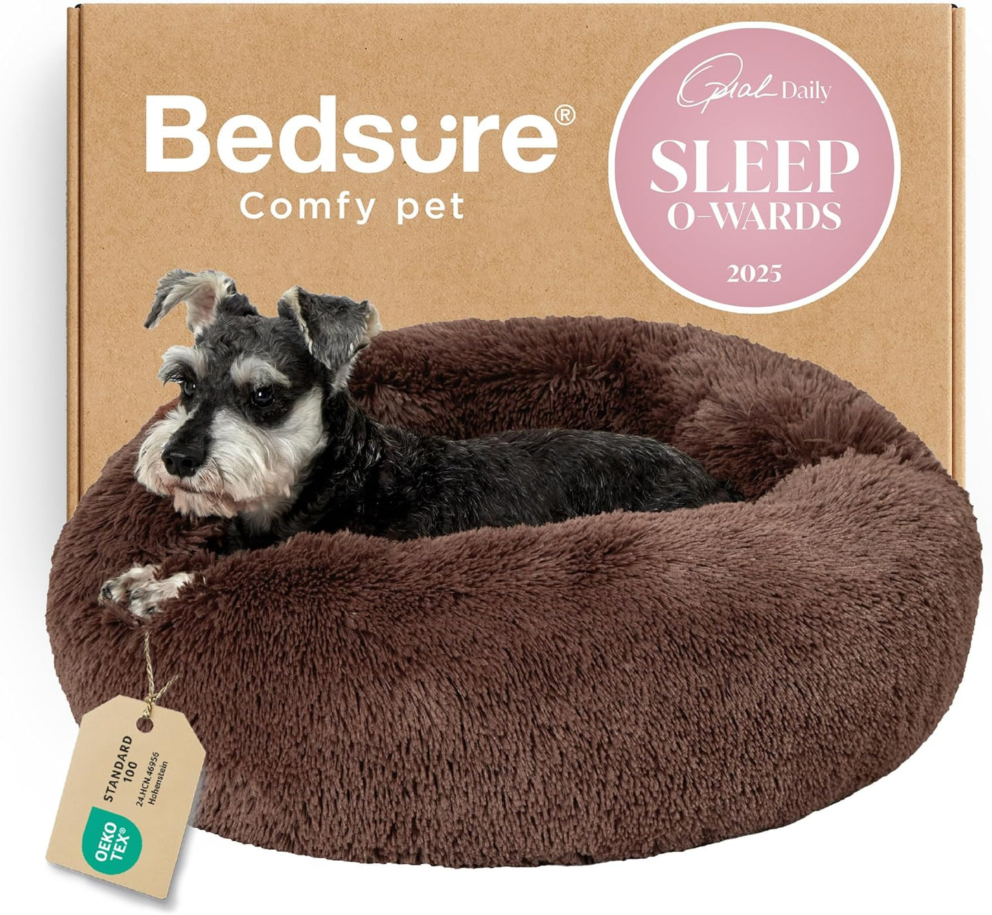 Bedsure Calming Dog Bed Medium Size Dog - Donut Washable Medium Pet Bed, 30 inches Anti-Slip Round Fluffy Plush Faux Fur Cat Bed, Fits up to 45 lbs Pets, Camel