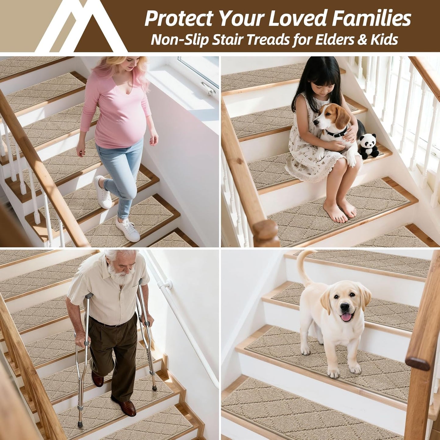 COSY HOMEER Edging Stair Treads Non-Slip Carpet Mat 28inX9in Indoor Stair Runners for Wooden Steps, Edging Stair Rugs for Kids and Dogs, 100% Polyester TPE Backing (7pc, Beige)