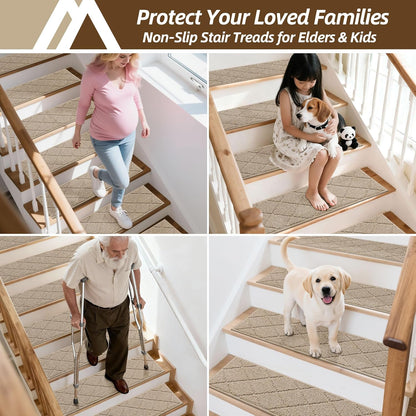 COSY HOMEER Edging Stair Treads Non-Slip Carpet Mat 28inX9in Indoor Stair Runners for Wooden Steps, Edging Stair Rugs for Kids and Dogs, 100% Polyester TPE Backing (7pc, Beige)