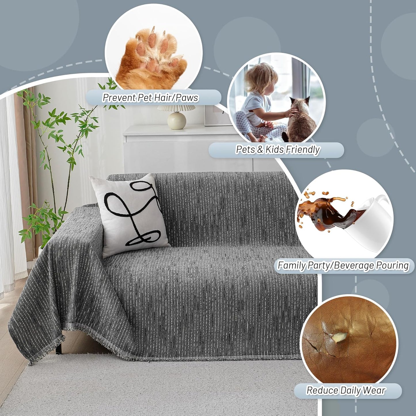 MYSKY HOME Couch Cover for Dogs, Washable Couch Covers, Non Slip Sofa Cover, Couch Cover 2 Cushion Sofa Dogs Furniture Protector with Tassels, Chenille Sofa Slipcover for Pets, 71"x118", Dark Grey