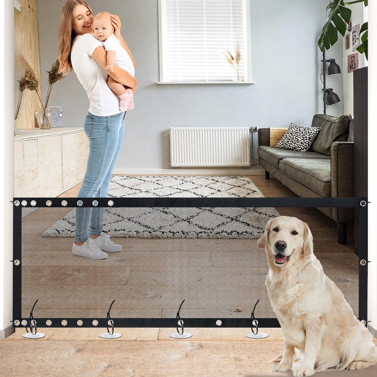 NWK Magic Dog Gate for Stairs Pet Gate for The House Providing a Safe Enclosure for Pets to Play and Rest, 6 Hooks Design (30'' X 43'')