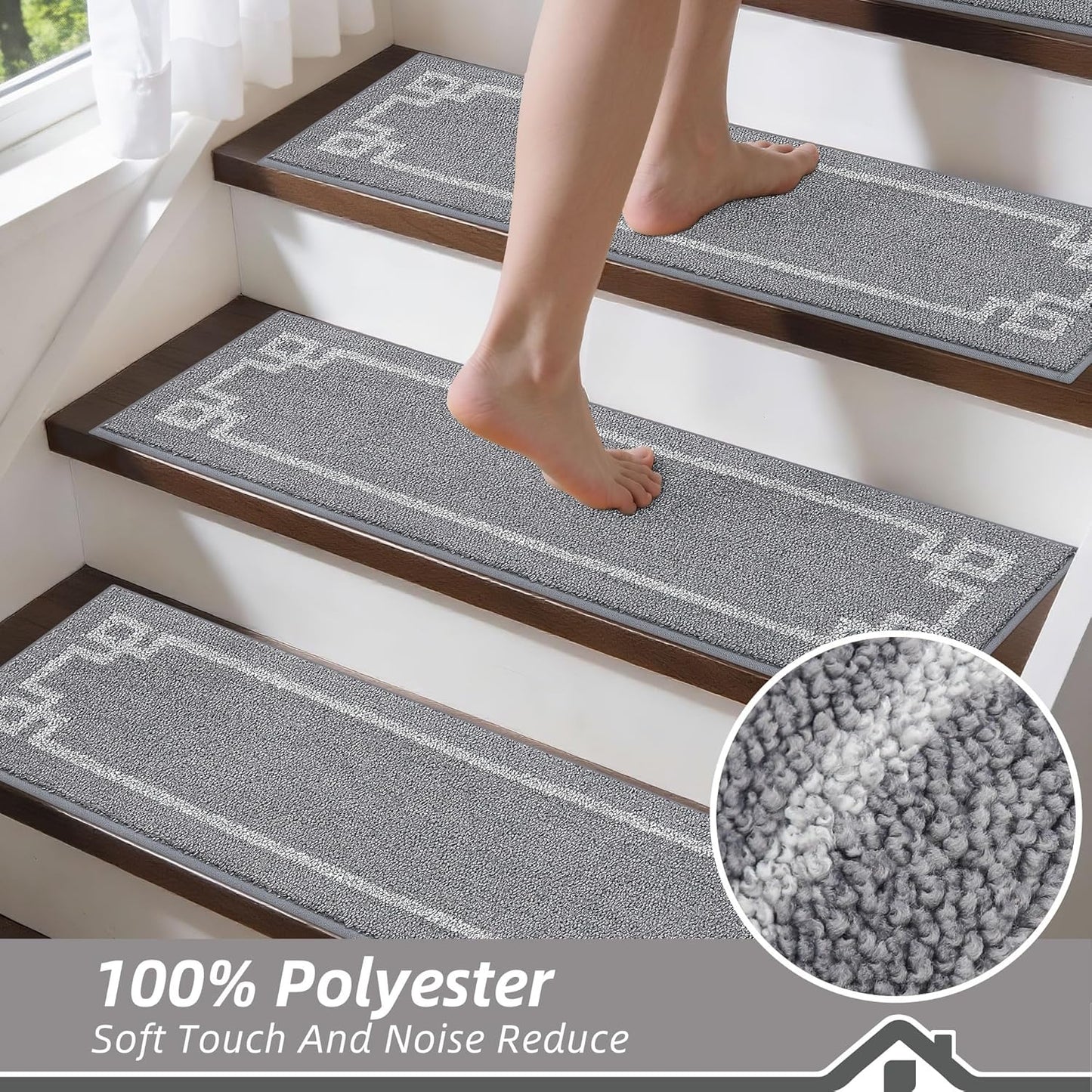 BEQHAUSE Non Slip Stair Treads for Wooden Steps Indoor Washable Stair Runner 28inX9in Polyester Durable Stair Treads Carpet for Dogs,Kids and Elders 15pcs,Dark Grey