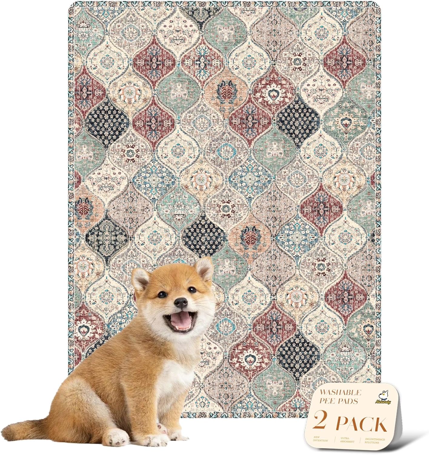 nunubaby Washable Pee Pads for Dogs, Stylish, Non-Slip and Leak-Proof Pee Pads. Reusable Potty Pads for Dogs for Crates and Floors.(Beige/Multi, 24" x48" )