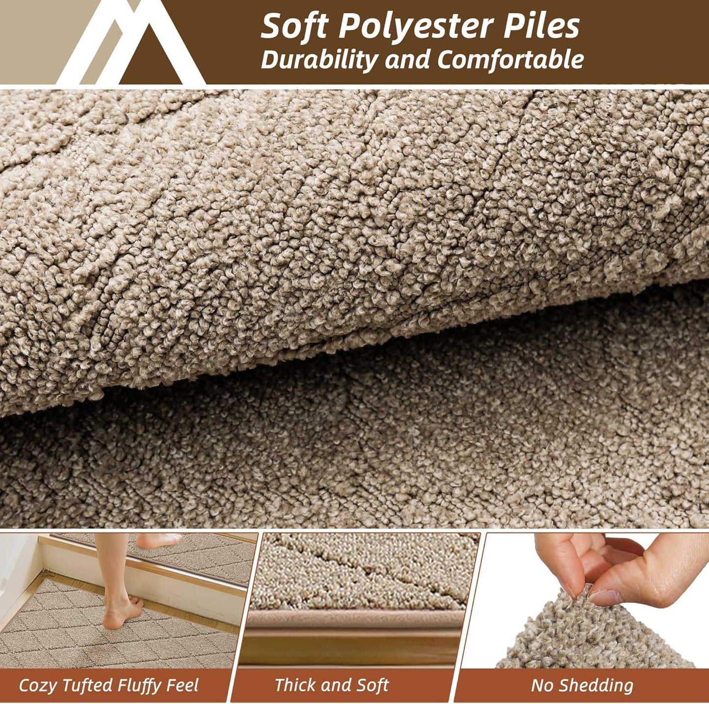 COSY HOMEER Edging Stair Treads Non-Slip Carpet Mat 28inX9in Indoor Stair Runners for Wooden Steps, Edging Stair Rugs for Kids and Dogs, 100% Polyester TPE Backing (7pc, Beige)