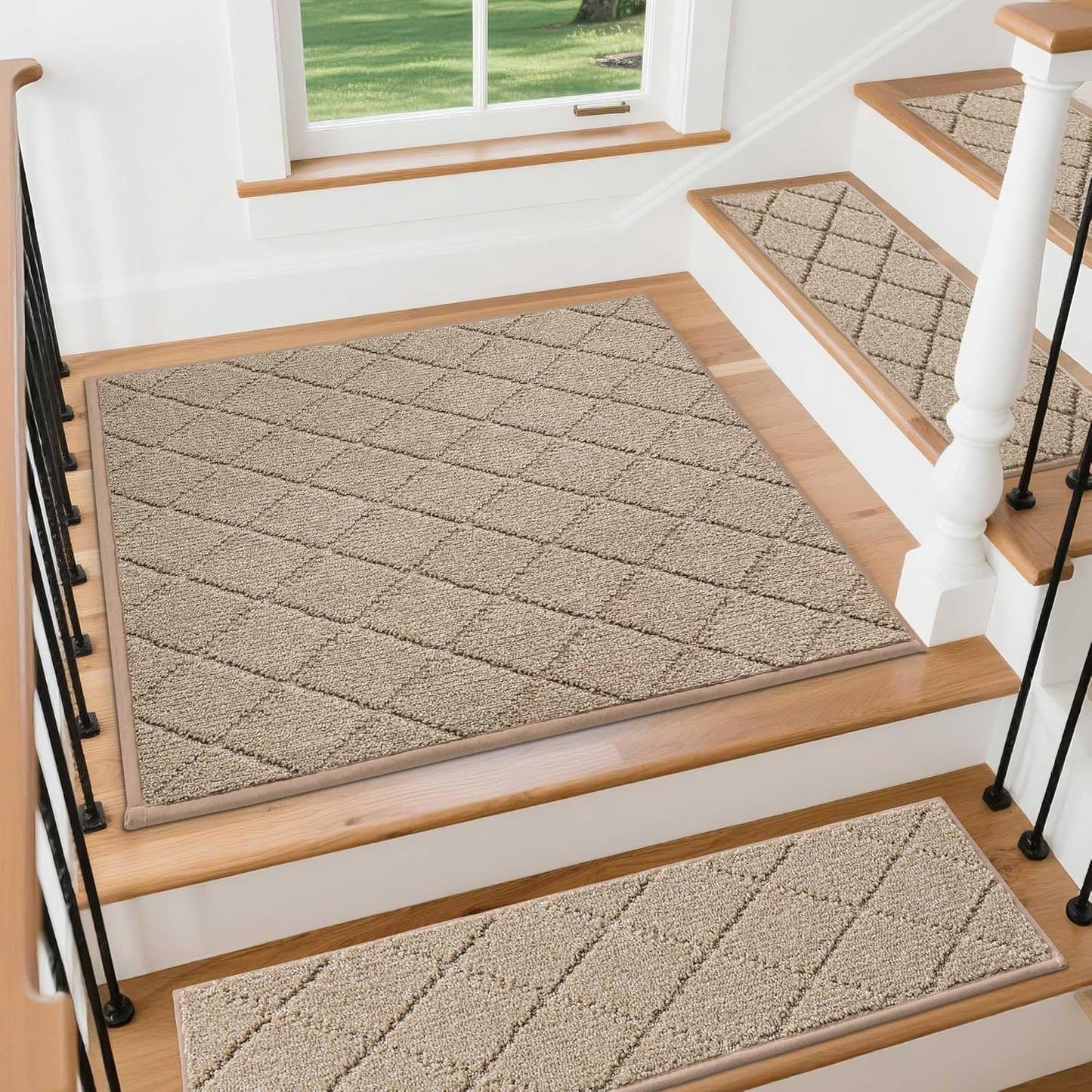 COSY HOMEER Edging Stair Treads Non-Slip Carpet Mat 28inX9in Indoor Stair Runners for Wooden Steps, Edging Stair Rugs for Kids and Dogs, 100% Polyester TPE Backing (7pc, Beige)